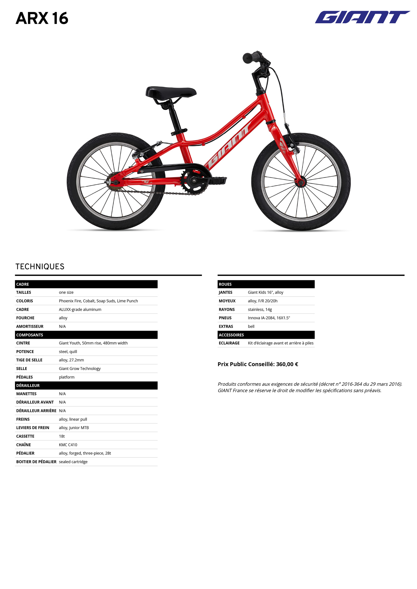 Fiche technique du velo Arx 16 année 2024